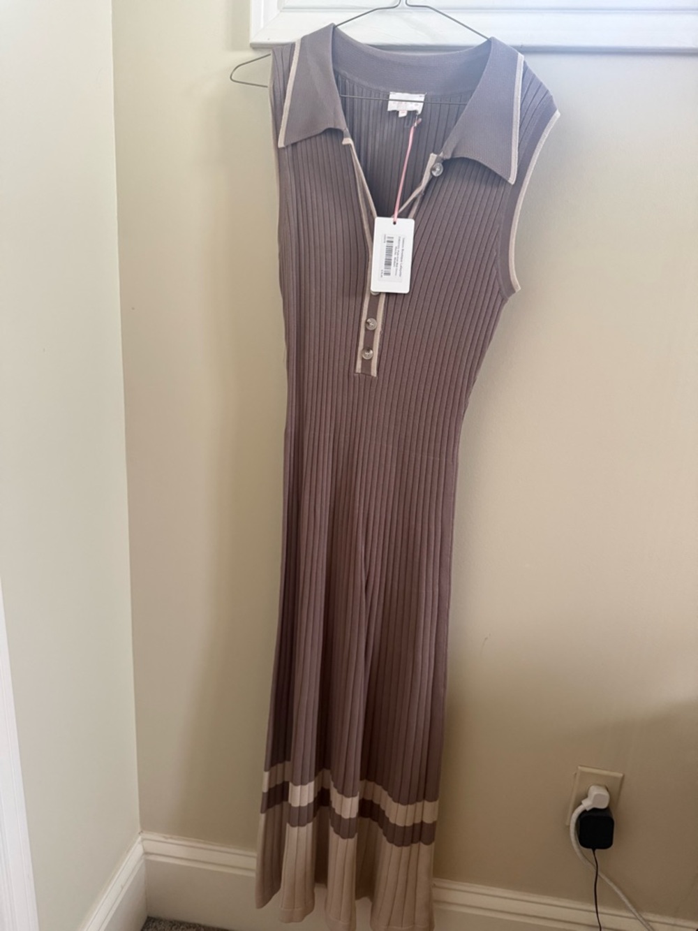 Swoon Boutique Ribbed Sleeveless Maxi Dress in Taupe with Cream Trim